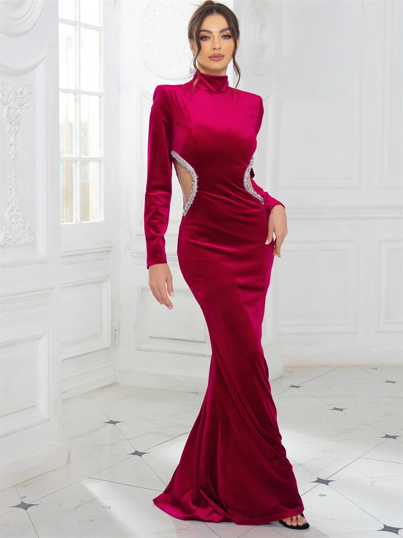 High Neck Velvet Rhinestone Maxi Party Dress Burgundy / S Partydress-241208