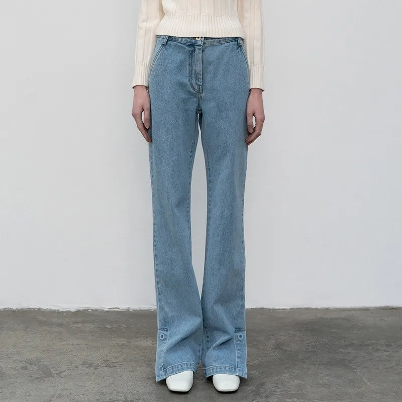High Quality Women Spring And Autumn All-Match Side Slit Straight Waist Bootcut Jean