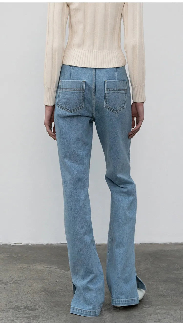 High Quality Women Spring And Autumn All-Match Side Slit Straight Waist Bootcut Jean