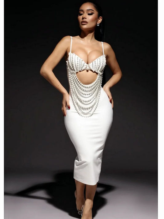 Pearl Beaded Spaghetti Strap Midi Party Dress Partydress-241208