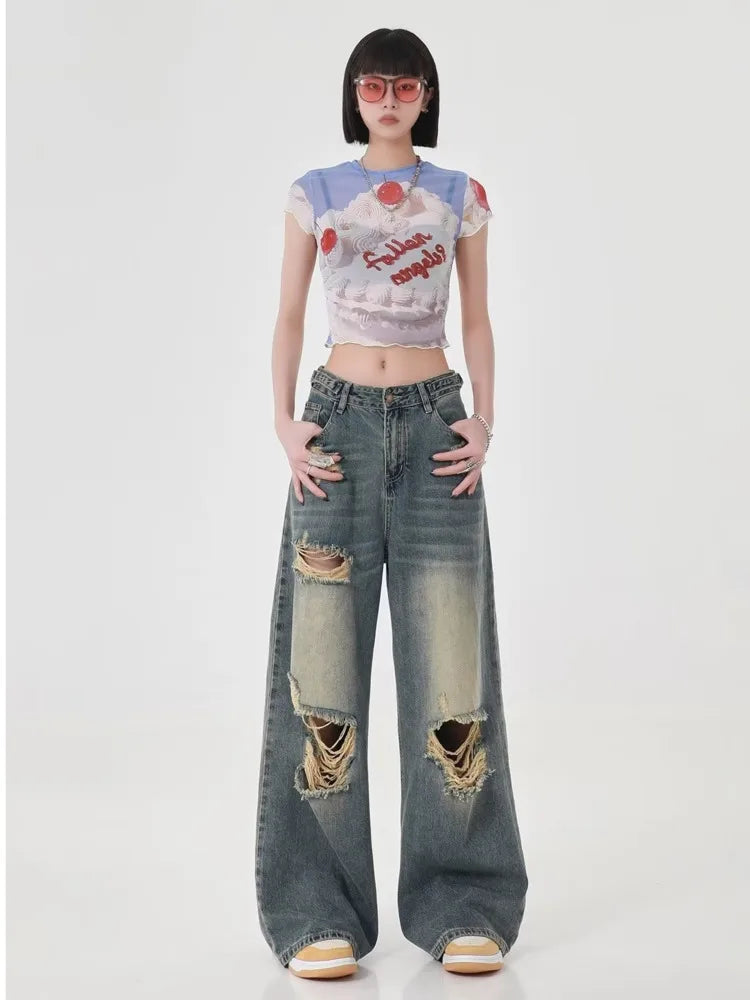 Perforated Women’s Summer New Ins Fashion Brand Straight Tube Loose Sweeping High Street Jean