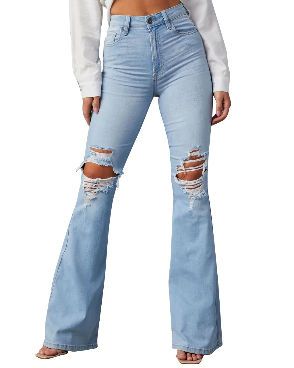 High Waist Flare For Women Fashion Ripped Distressed Denim Woman Bottom Streetwear Ladies Jean