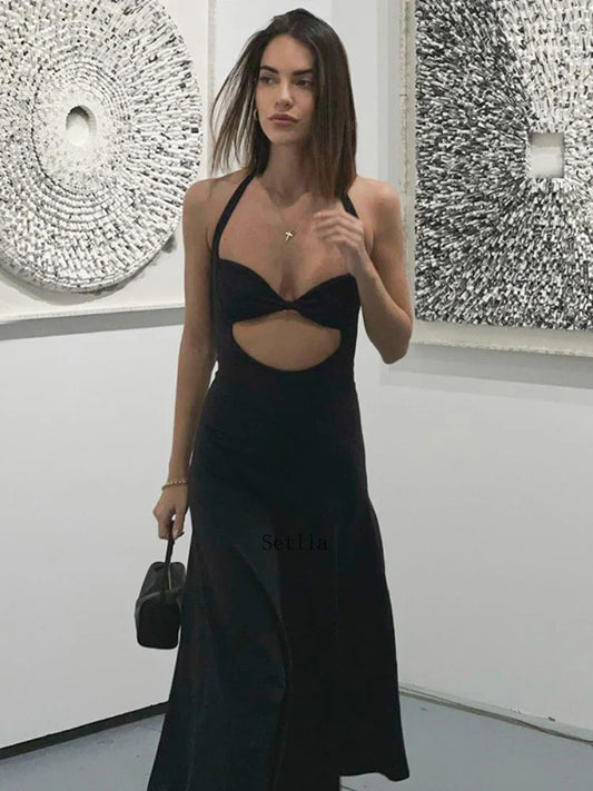 Hollow Backless Slim Sleeveless Party-Ready Bandaged Evening Midi Dress