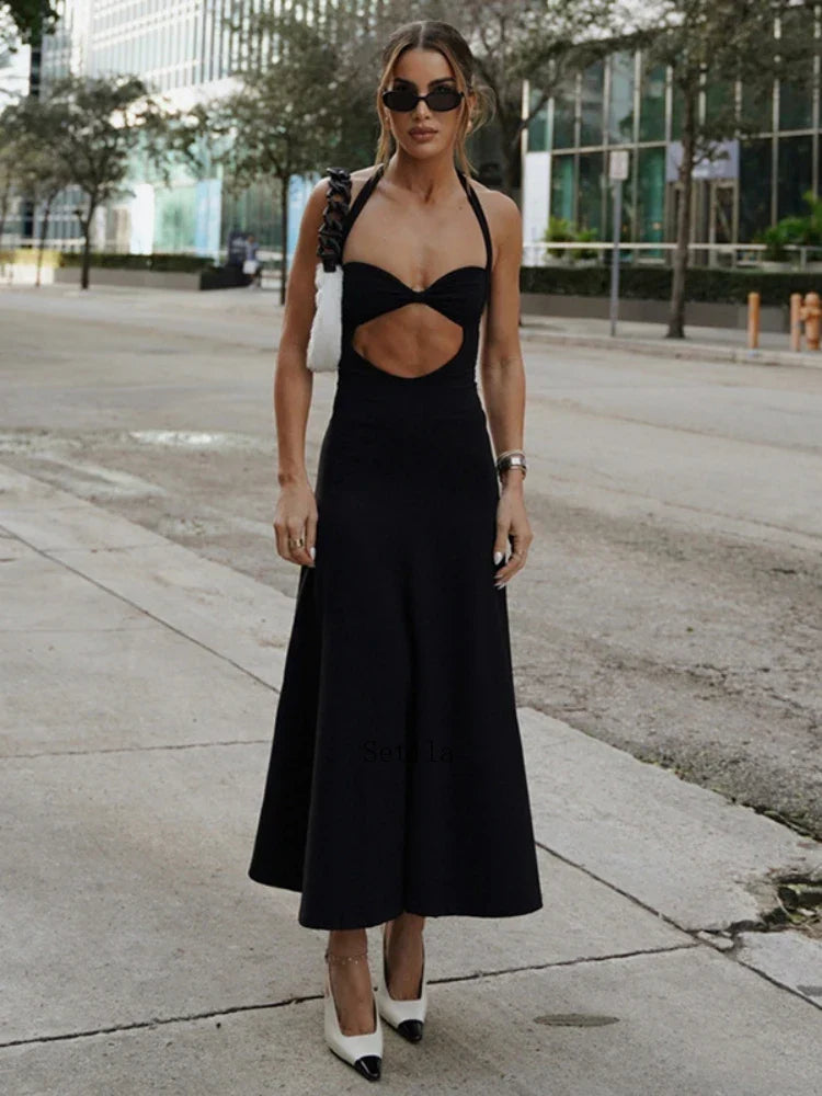 Hollow Backless Slim Sleeveless Party-Ready Bandaged Evening Midi Dress
