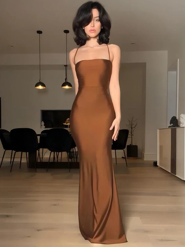 Elegant Backless Draped Bandage Sexy Maxi Christmas Party Dress Brown / S Dresses-L
