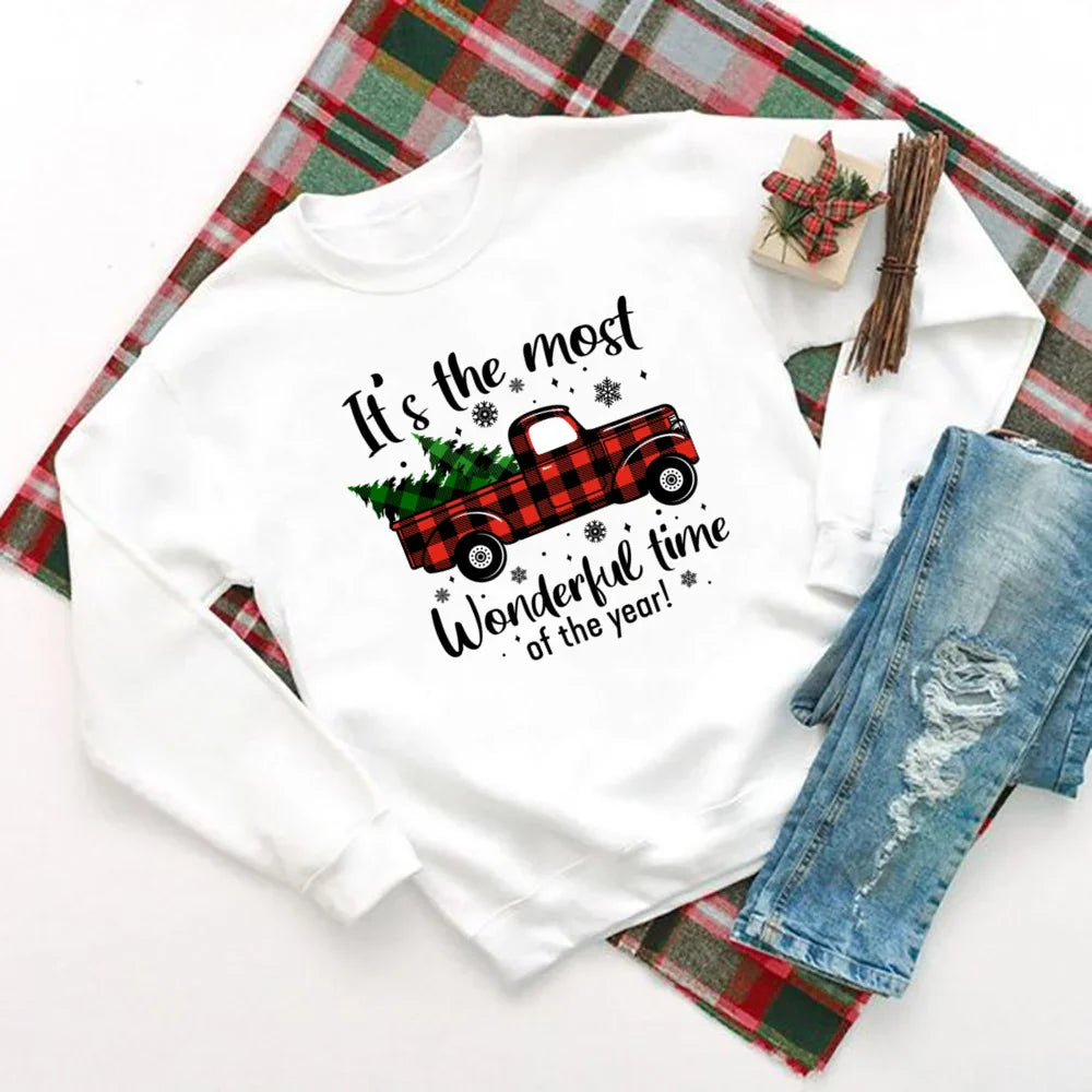 Wonderful Time Printed Party Holiday Sweater Xmas Outfit Christmas Hoodie White 7 / S Hoodies-L