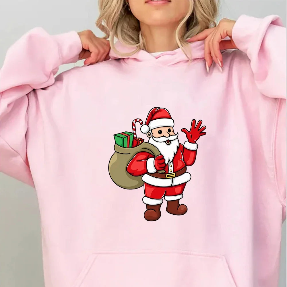 Jolly Santa Claus Cartoon Print Long Sleeve Chic Christmas Hoodie Pink / S Hoodies-L