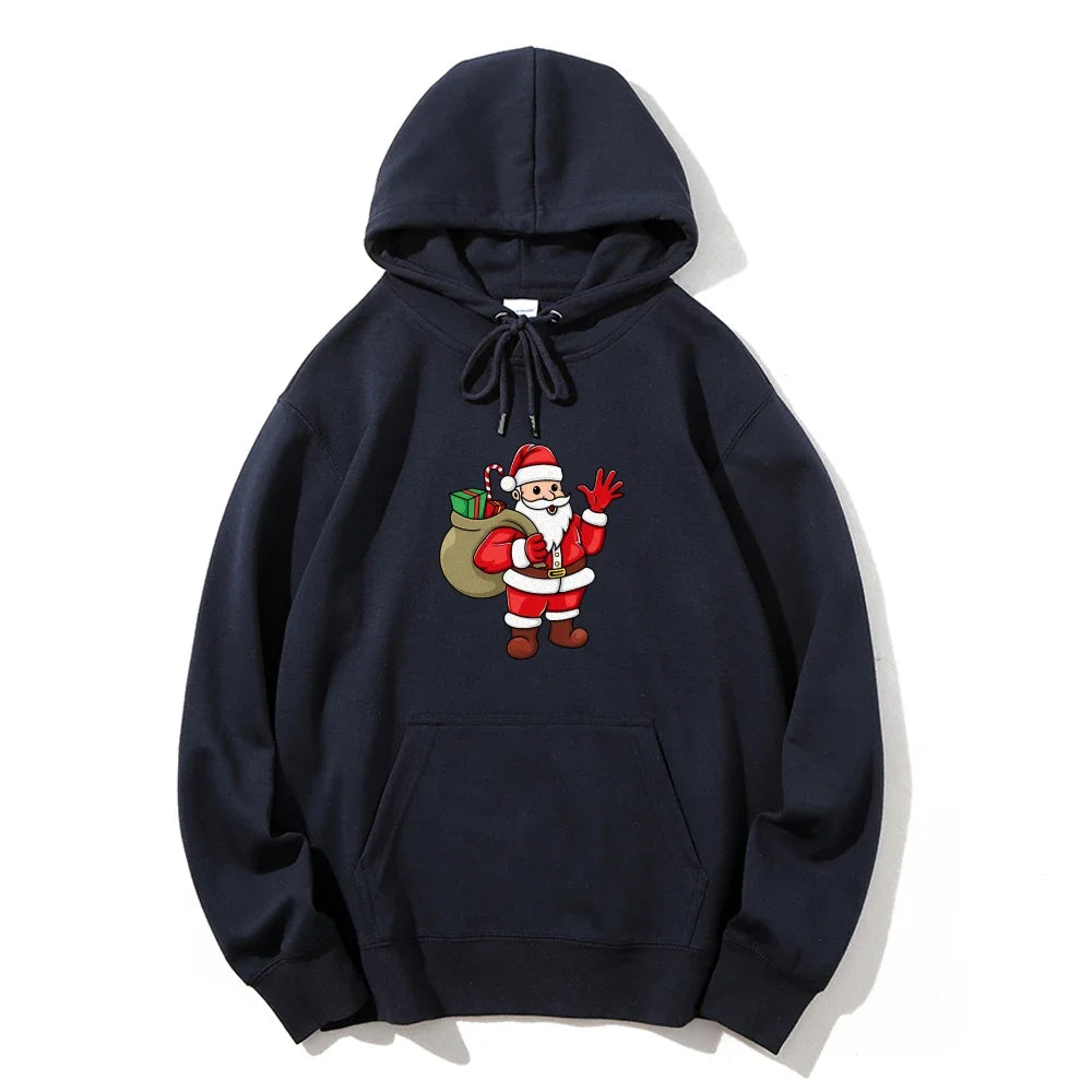 Jolly Santa Claus Cartoon Print Long Sleeve Chic Christmas Hoodie Deep Blue / S Hoodies-L