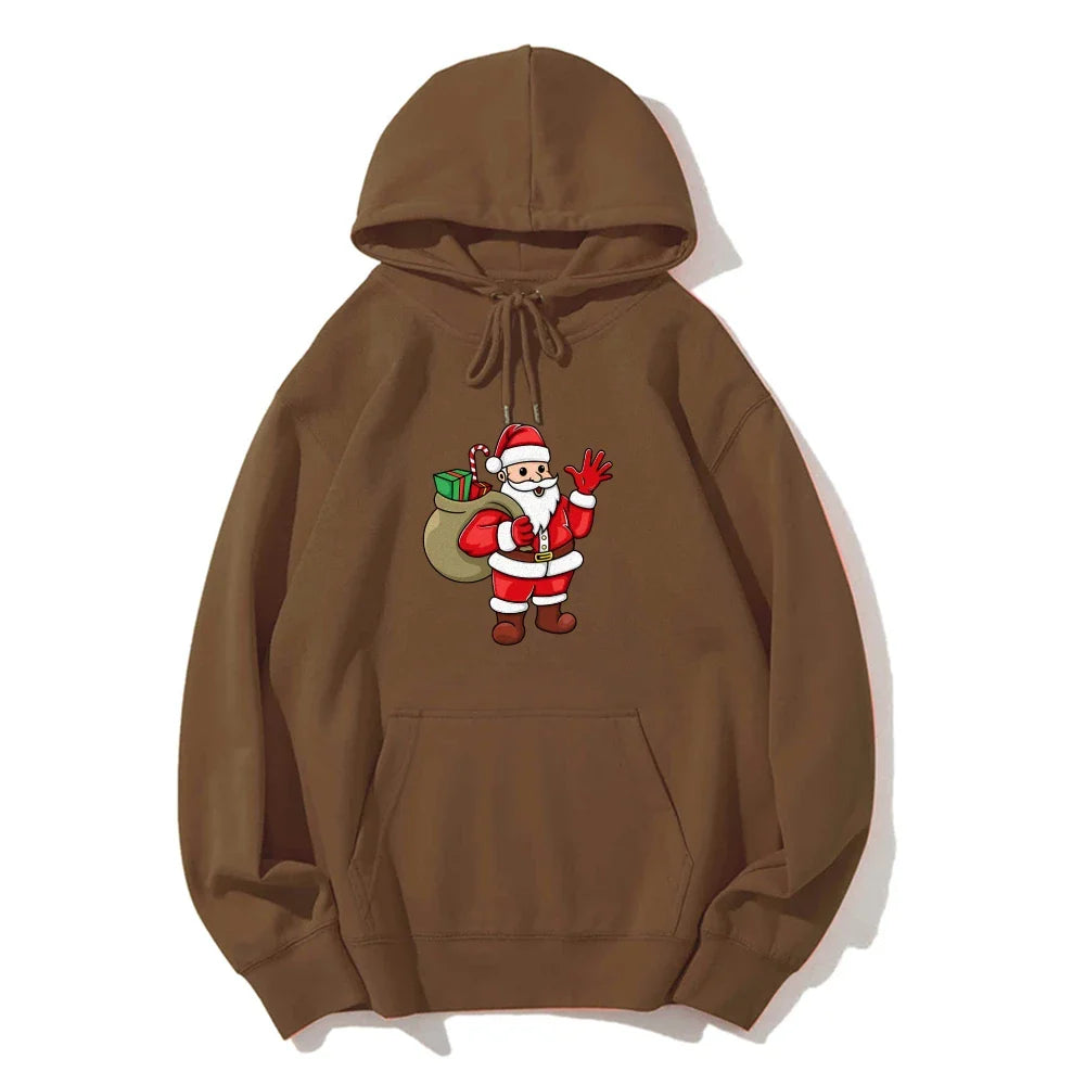 Jolly Santa Claus Cartoon Print Long Sleeve Chic Christmas Hoodie Coffee / S Hoodies-L