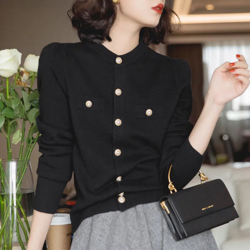 Short Slim Single Breasted Knit Cardigan Black / One Size Cardigan-241208