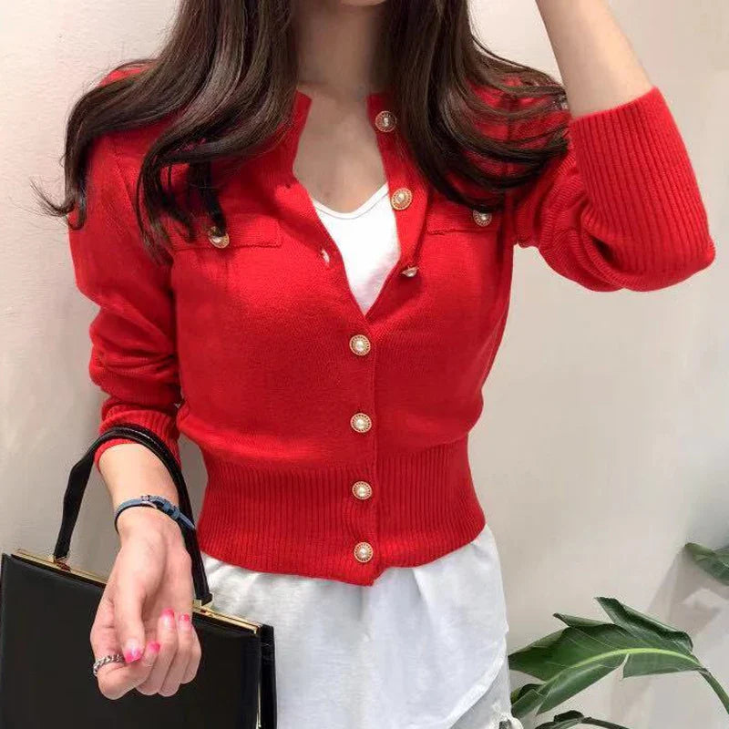 Short Slim Single Breasted Knit Cardigan Red / One Size Cardigan-241208