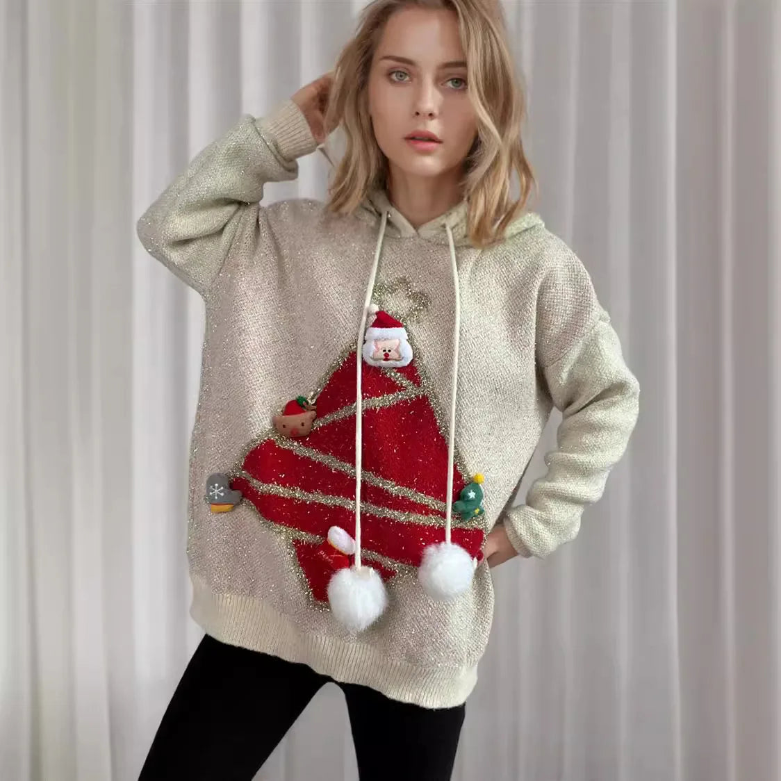 Korea Style Christmas Tree Hooded Loose Ugly Chic Casual Knitwear Sweater Sweaters-L