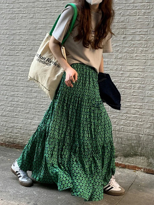 Korean Style Casual Classic Ladies Maxi Floral Skirt Loose A-line skirt-250126