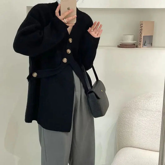 V-Neck Solid Simplicity Office Lady Autumn Knit Cardigan cardiagn-250126