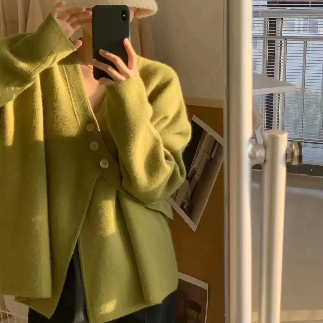 V-Neck Solid Simplicity Office Lady Autumn Knit Cardigan Green / S cardiagn-250126