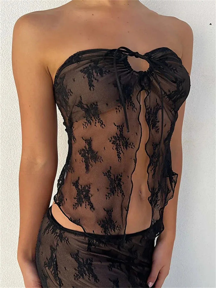 Lace Bustiers Corsets Strapless Off Shoulder Tubes Party Mesh See Through Tank Summer Mini Vest