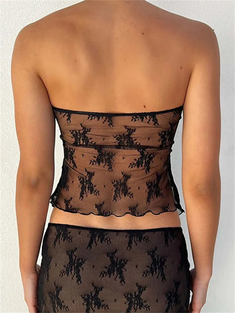 Lace Bustiers Corsets Strapless Off Shoulder Tubes Party Mesh See Through Tank Summer Mini Vest
