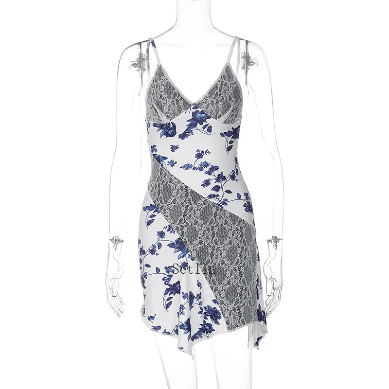 Lace Detail Print Slip Mini Dress