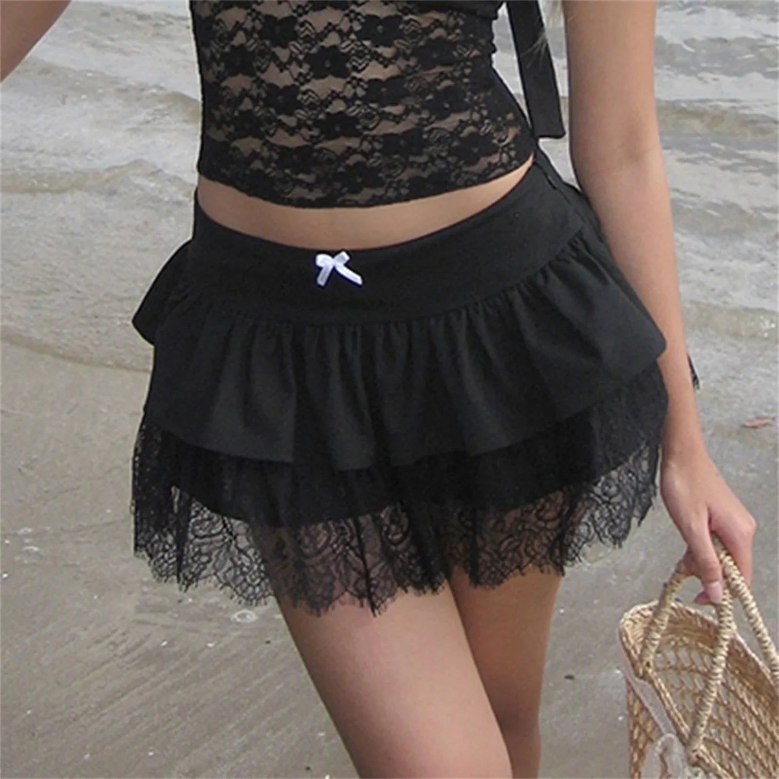 Lace Patchwork Preppy Black Skirt skirts-250223