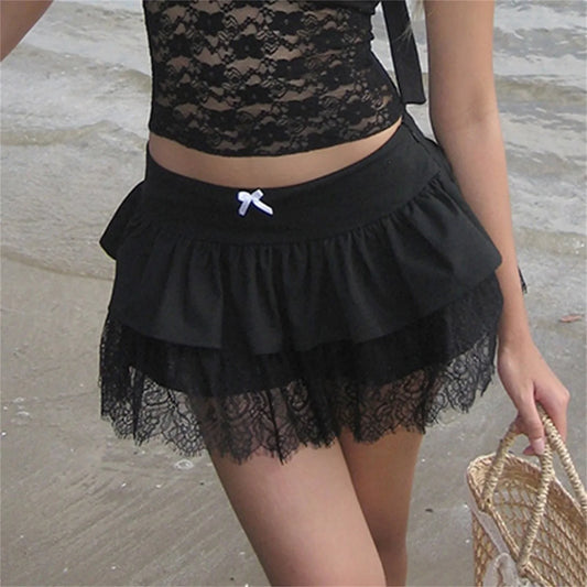 Lace Patchwork Preppy Black Skirt skirts-250223