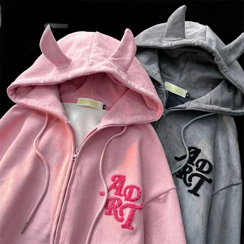 Letter Print Vintage Zipper Hoodie