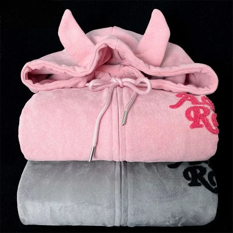 Letter Print Vintage Zipper Hoodie