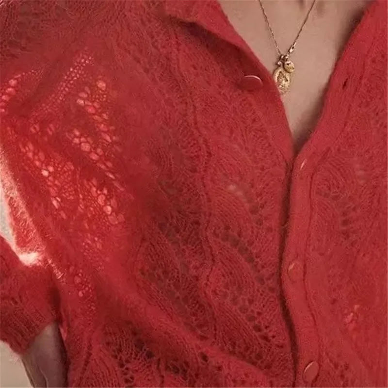 French Hollow Out Loose Red Mohair Cardigan Cardigan-241208