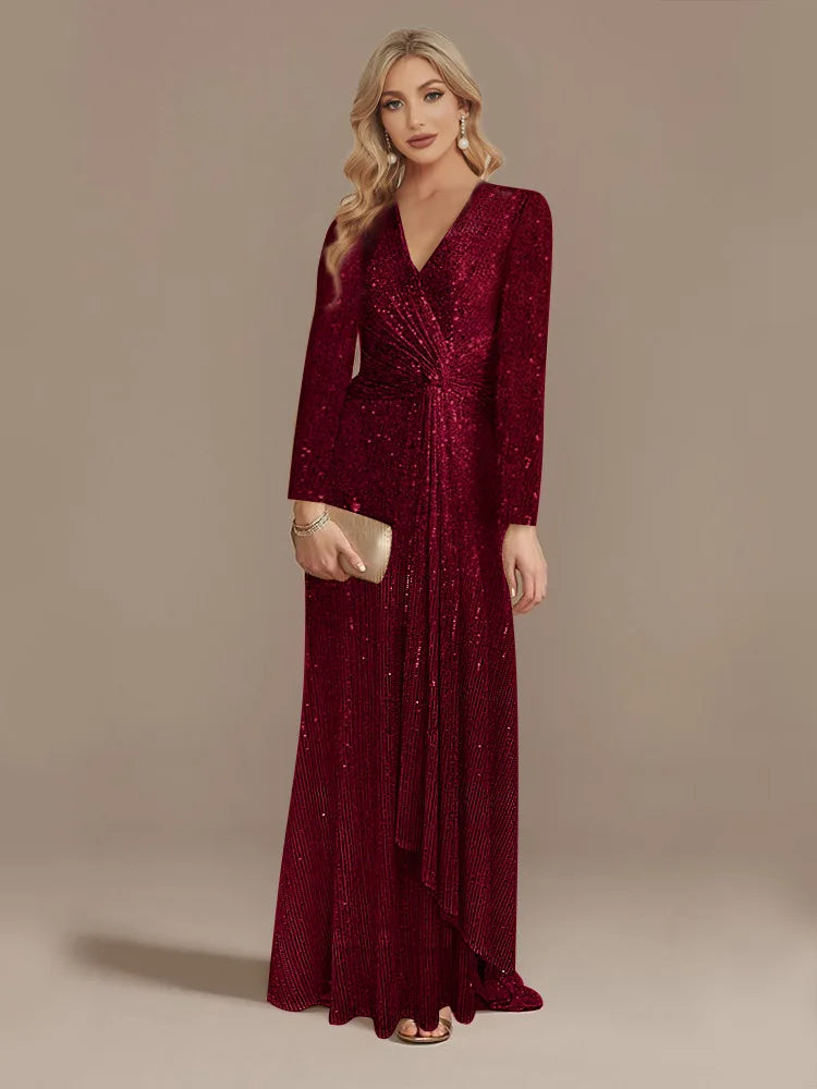 Long Sleeve V-Neck Party Dress Wine Red / S Partydress-241208