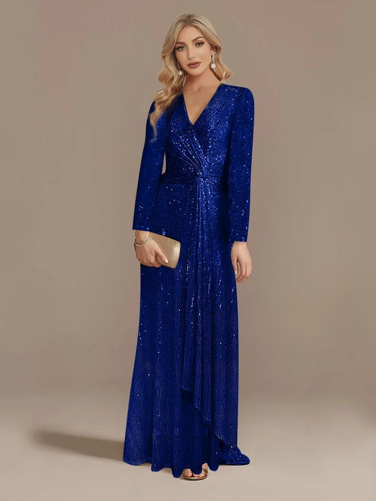 Long Sleeve V-Neck Party Dress Royal Blue / S Partydress-241208