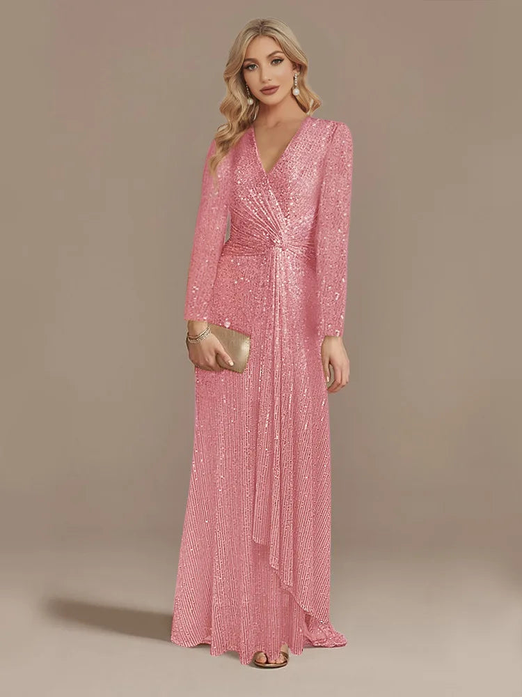 Long Sleeve V-Neck Party Dress Pink / S Partydress-241208