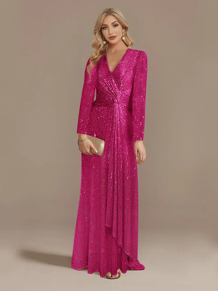 Long Sleeve V-Neck Party Dress Rose / S Partydress-241208