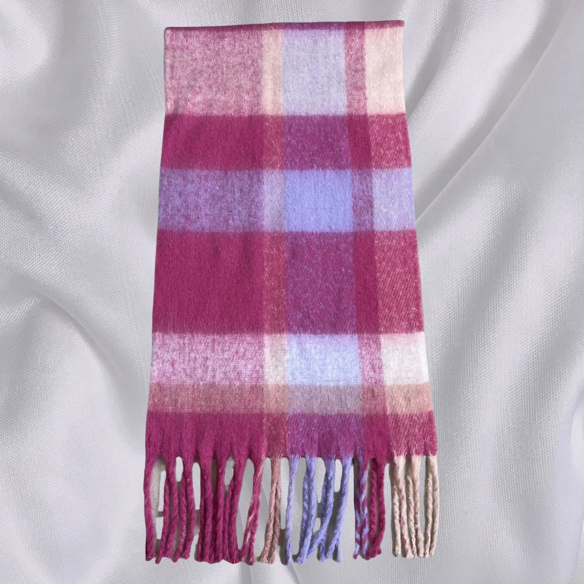 Thick Warm Tassel Contrast Color Scarf For Autumn/Winter Pink Red 231X53Cm Scarfs-L