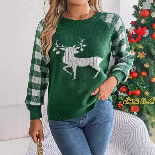 Loose Round Neck Knitted Autumn Winter Plaid Long Sleeved Christmas Sweater Sweaters-L