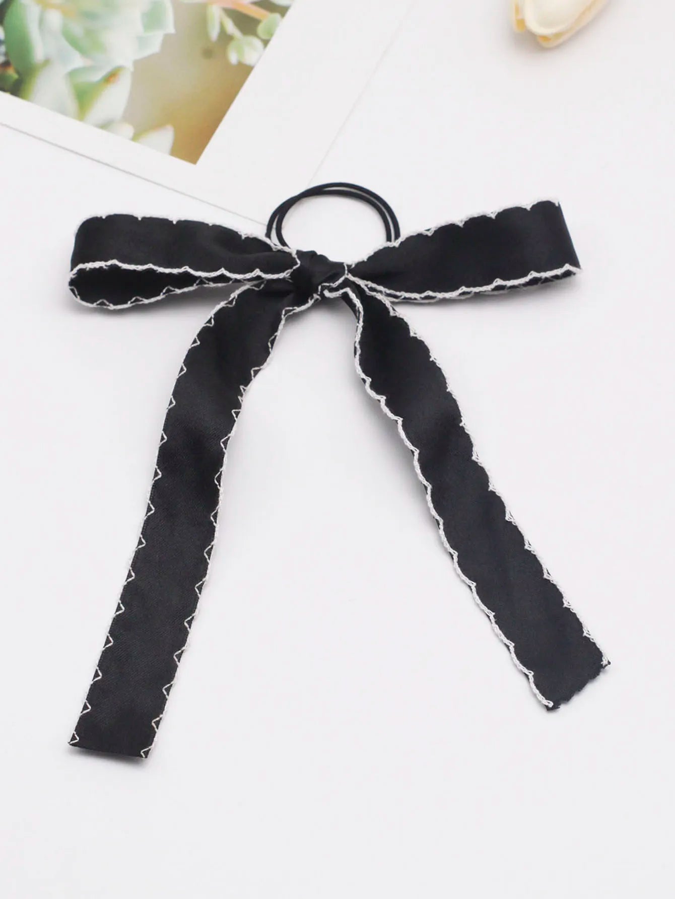 Long Tassel Streamer Elastic Ribbon Bowknot Hair Accessory For Christmas Black Accessories-L