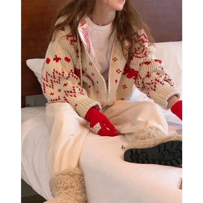 Vintage Hooded Jacquard Cardigan Cardigan-241208