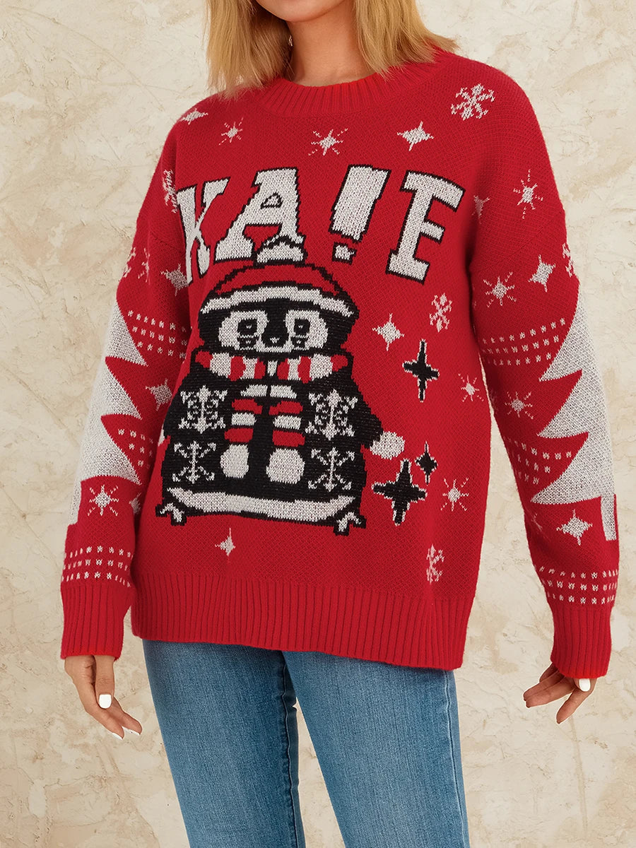 Reindeer Patterned Crew Neck Long Sleeve Knitwear Rib-Knit Hem Christmas Sweater Sweaters-L