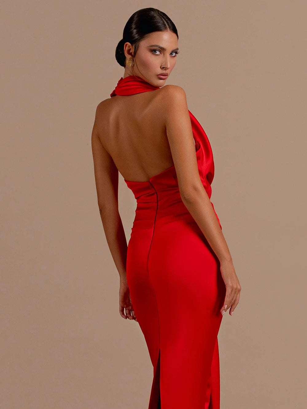 Red Backless Halter V-Neck Maxi Bodycon Christmas Party Dress Dresses-L