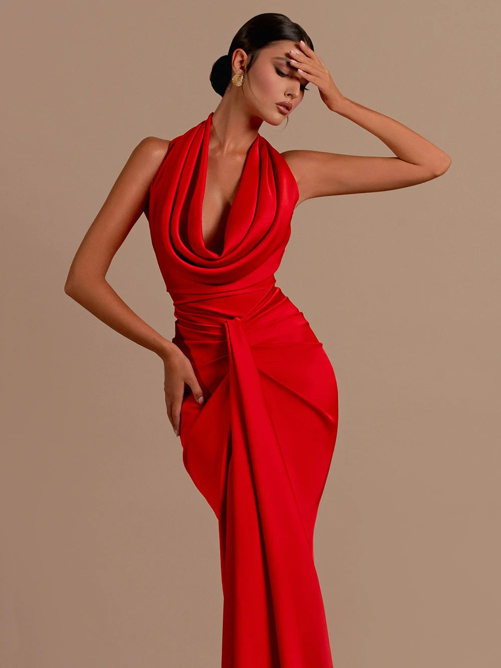 Red Backless Halter V-Neck Maxi Bodycon Christmas Party Dress Dresses-L