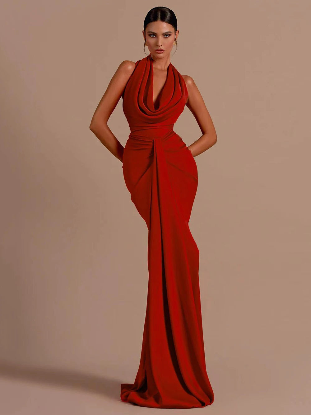 Red Backless Halter V-Neck Maxi Bodycon Christmas Party Dress Dresses-L