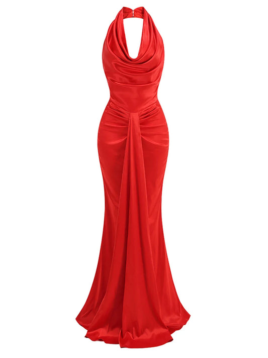 Sexy Backless Sleeveless Halter V-Neck Red Draped Maxi Bodycon Elegant Christmas Party Dress Red / S