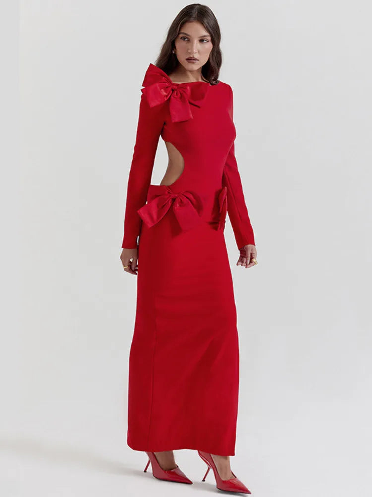 Elegant Bow Backless Sexy Chic Maxi Christmas Party Dress Dresses-L