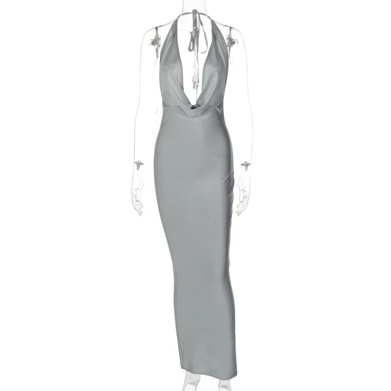 Elegant Satin Deep V Neck Sleeveless Maxi Christmas Party Dress Gray / S Dresses-L