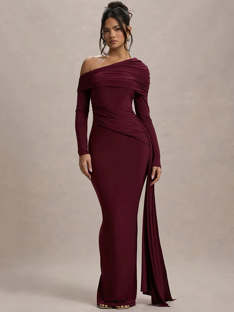 Skew Collar Long Sleeve Maxi Party Dress Partydress-241208