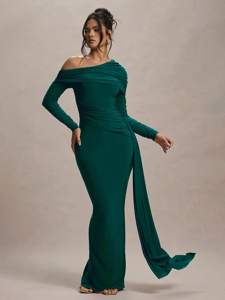 Skew Collar Long Sleeve Maxi Party Dress Green / S Partydress-241208