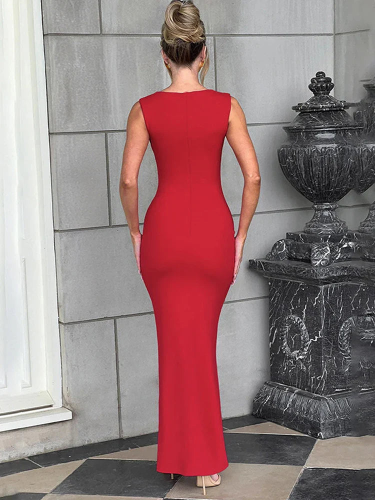 Pleated Sleeveless Evening Party Dress Elegant Sexy Bodycon Maxi Long Christmas Dresses-L