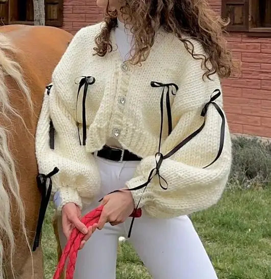 Autumn Sweater 3D Bow Cardigan White1 / S Cardigan-241208