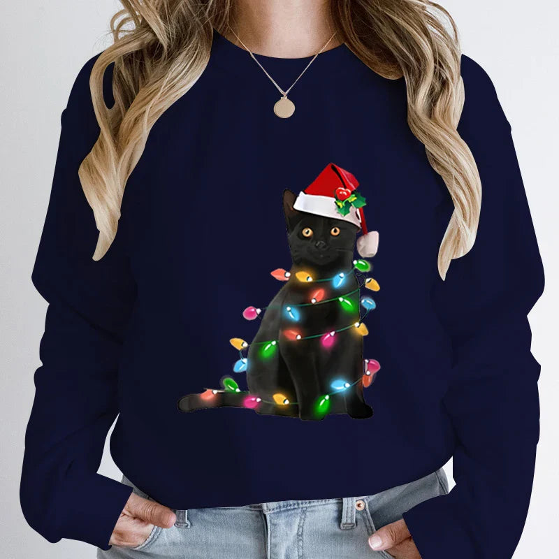 Hoodless Pullover Cute Black Cat Christmas Light Print Hoodie Deep Blue / S Hoodies-L