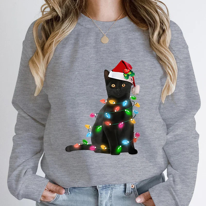 Hoodless Pullover Cute Black Cat Christmas Light Print Hoodie Gray / S Hoodies-L