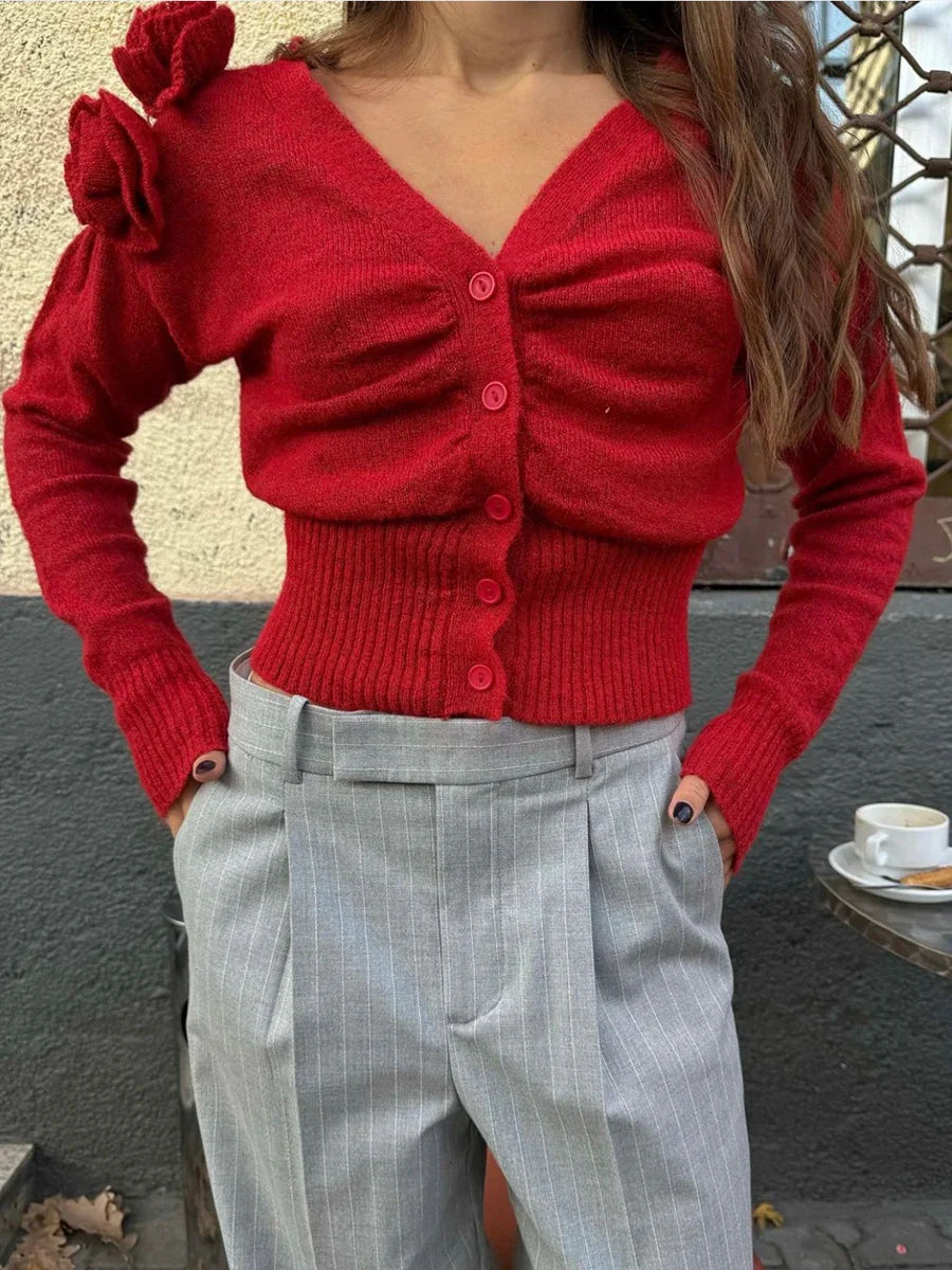 Red Flower V-Neck Knitted Cardigan / S Cardigan-241208