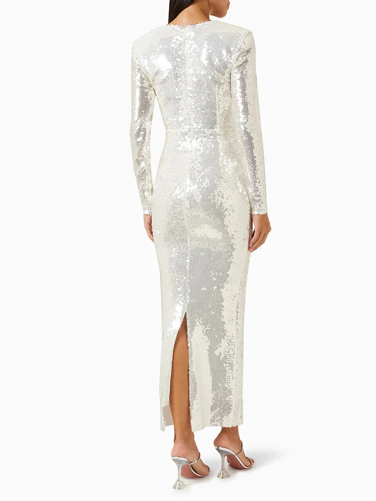 New Sexy Long Sleeves Luxury Sequins Slim Dress Hollow Flower Christmas Party Dresses-L